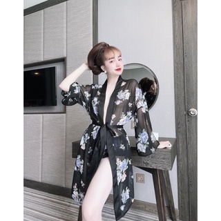 Áo Choàng Ngủ Nữ SOJUN Vải Voan Phối Satin Kèm Quần Dưới 68Kg