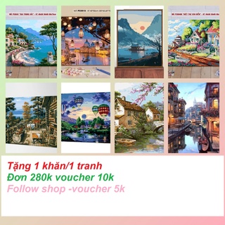 Tranh tô màu theo số, sơn dầu số hóa, tặng khăn, đã căng khung, đủ phụ kiện, có dầu bóng -Moonshop