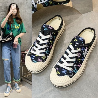 Giày sục nữ MLB ny lười đạp gót Đen họa tiết HOT trend thể thao sneaker