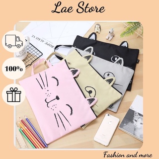 Túi Vải Canvas Đựng Tài Liệu Có Khóa Kéo In Hình Mèo Hoạt Hình Dễ Thương