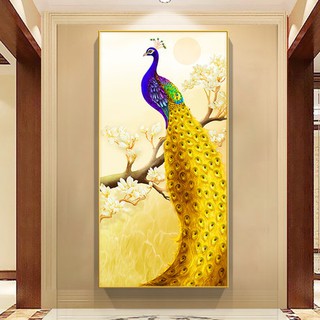 HD36 Tranh Đơn Dài Trreo Tường Chim Công Vàng Và Ngựa Vàng Trang Trí Hành Lang/ Phòng Khách Khách Sạn/ Decor Nhà Sang
