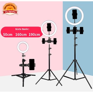Tripod gậy chụp ảnh quay phim Livestream siêu xịn LED 3 màu, 4 kẹp điện thoại, cao 190cm (3 CHÂN)