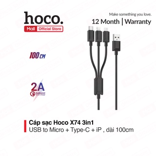 Cáp sạc Hoco X74 3-in-1 USB to Micro+Type-C+i.p sạc 2.0A dành cho Smartphone/Android/Ip10/11/12 dài 100cm