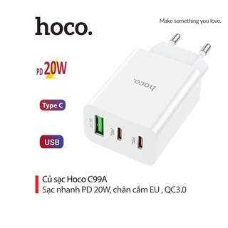 Củ sạc Hoco C99A QC3.0, 2 cổng Type-C 20W/18W và 1 cổng USB chân tròn sạc nhiều thiết bị cùng lúc