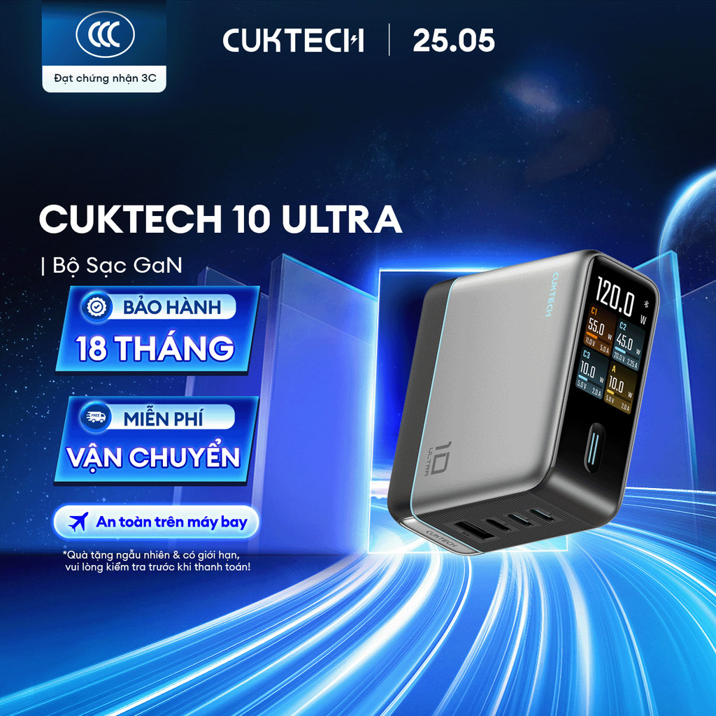 Củ Sạc GaN CUKTECH 10 ULTRA 3C1A | Công Suất 120W |Hỗ Trợ Sạc Nhanh | Bảo Hành 18 Tháng AD1204U