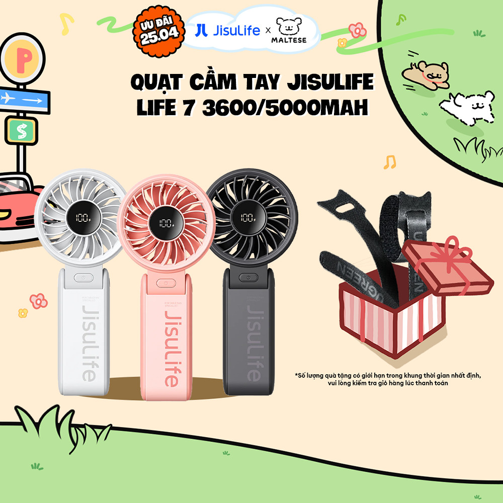 Quạt cầm tay tích điện mini Jisulife Life 7 5 cấp độ gió 3600/5000mAh - Sử dụng lên đến 12h - Chính hãng - BH 12 tháng