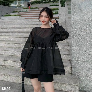 Set 3 món Babydoll, Áo Babydoll tay phồng chất voan 2 màu trắng đen form rộng