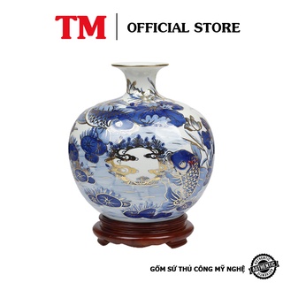 Bình hút tài lộc Xưởng Gốm TM Bát Tràng men lam vẽ vàng cao 28cm Lý Ngư Vọng Nguyệt TẶNG KÈM ĐẾ GỖ