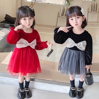 Váy bé gái - Váy nhung nơ ngực siêu xinh cho bé 1-5 Tuổi
