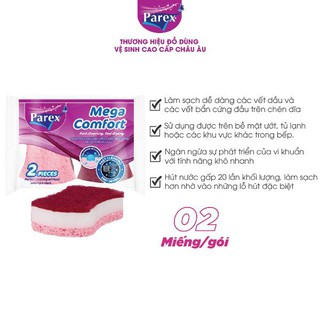Gói 2 miếng rửa chén Parex 2 mặt bọt biển Cellulose và cước nhám đỏ đô, kiểu chữ nhật, kiểu đồng hồ cát