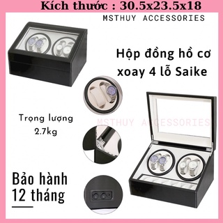 Hộp đồng hồ cơ xoay 4 lỗ bọc Da Pu cao cấp mặt kính mica trong suốt chống xước SAIKE ( 30.5x23.5x18)