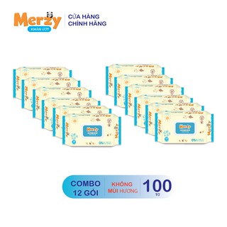 Combo 12 gói khăn ướt Merzy không mùi hương 100 tờ/ gói