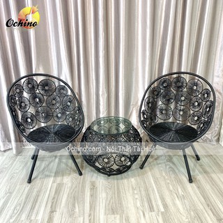 Bộ bàn Ghế Ban công Nhựa Giả mây cao cấp mẫu hoa cách điệu loại to ( có Sẵn)