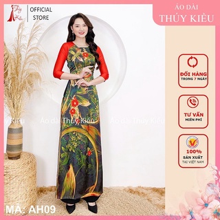 Áo dài đẹp may sẵn thiết kế nữ trung niên cách tân tết xanh AH09 mềm mại, co giãn