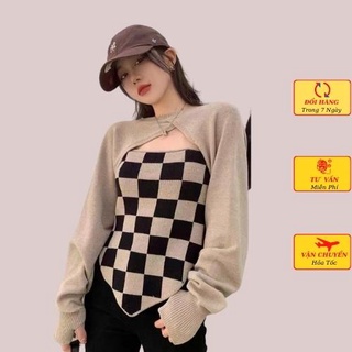 Áo len nữ caro lệch vai 2 dây kèm áo cardigan ngắn ulzzang Hàn Quốc thu đông cá tính