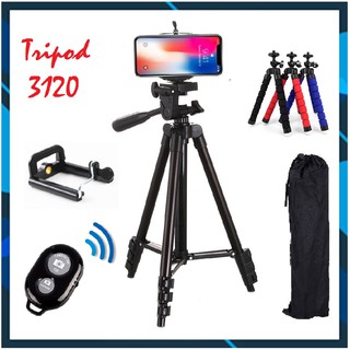 Combo 5 món Tripod 3120 THẾ HỆ MỚI + Gá kẹp 001 + REMOTE Bluetooth + Chân đế bạch tuột + Túi đựng Tripod