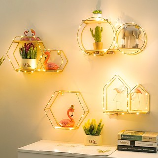 Kệ treo tường, kệ sắt treo tường trang trí Tặng Kèm Hoa Khô và đèn LED trang trí phòng khách phòng ngủ dth sang trọng