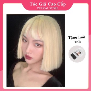 Tóc giả nữ nguyên đầu ngắn đẹp, màu vàng bạch kim siu tây, tặng kèm lưới trùm wig, vic ngang thẳng đơ.
