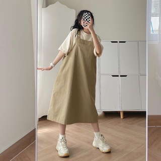Yếm Váy Kaki Hàn Quốc Thiết Kế Basic 2 Dây Bản To Váy Yếm Dài From Rộng Dáng Suông BEGAI Có 2 Màu Nâu Và Be 7192