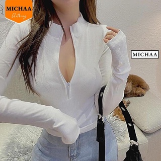 Áo Croptop CỔ CAO DÂY KÉO Tay Dài Thun Gân Kiểu Ôm Body Sexy Ulzzang - MICHAA