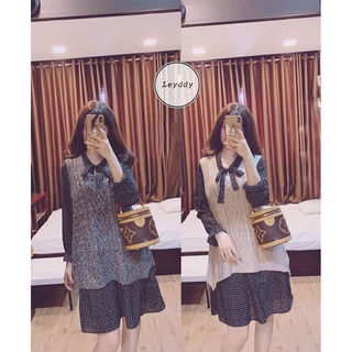 Set Váy Đầm Len Ghi-lê Cổ Nơ Ghi Và Be Leyddy.