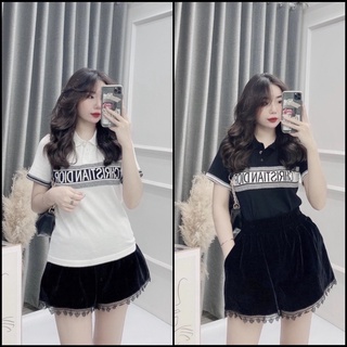 Áo len cổ bẻ in chữ dáng vừa ngắn tay, Áo kiểu cổ viền vải len co giãn AS7800- NhiNhi Shop
