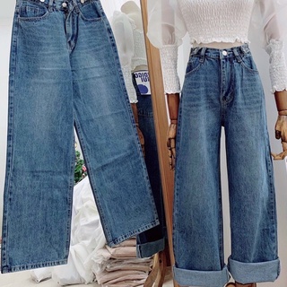QUẦN JEAN DÀI NỮ LƯNG CAO ỐNG RỘNG , QUẦN JEAN DÀI CÓ NÚT CHỈNH SIZE [HÌNH THẬT]