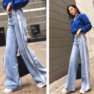Quần jean baggy suông ống rộng viền cạnh BIG SIZE phom rộng to dài, tua lai sọc viền cực đẹp 3290