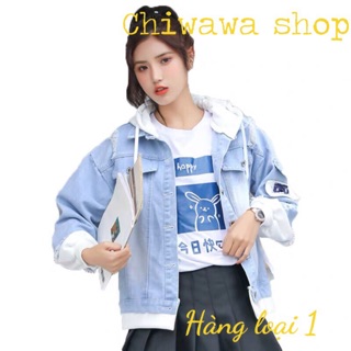 Áo khoác jean nữ viền tay và nón nỉ loại 1 ngọt ngào Hàn Quốc form rộng M-L-XL