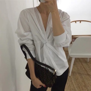 Áo Sơ Mi Nữ Trắng Xoắn Ngực Style Ulzaang Hàn Quốc Chất Vải Cotton Mịn Mát