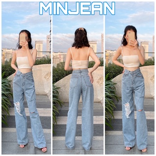 Quần Jean Nữ Ống Rộng Lưng Cao Phủ Gót MINJEAN M4007, Quần Baggy Nữ Rách Phom Ống Suông Dài Siêu Hack Dáng