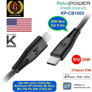 Cáp sạc nhanh iPhone 13 Pro Max, iPad Pro 2017 RAVPOWER RP-CB1003 dài 0.3m chuẩn MFi C94 Power Delivery 29W Max