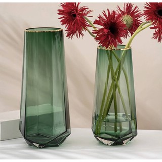 Bình hoa thuỷ tinh đáy đa giác miệng sơn mạ vàng cao cấp Qhouse , lọ hoa decor trang trí nội thất phong cách Bắc Âu