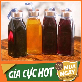 [XÃ LỖ]  CHAI THỦY TINH VUÔNG NẮP CÓ DÂY ĐỰNG SINH TỐ 350ML