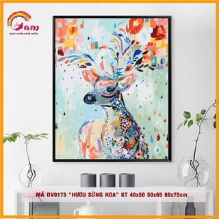 Tranh sơn dầu số hoá tự vẽ Hươu sừng hoa Hươu nai tuần lộc tài lộc may mắn mã DV0173