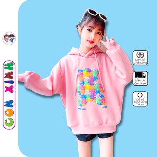 Áo hoodie Unisex trẻ em Con Xinh hình in Gấu lắp ghép,áo nỉ chui đầu thu đông dành cho bé từ 4 đến 10 tuổi
