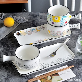 Set 2 món gồm tô sứ có tay cầm và khay sứ nhiều họa tiết đựng soup, salad, đồ ăn sáng tiện lợi Alifis