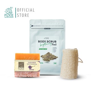 Combo Làm sạch da Xà phòng thiên nhiên Lavender + Tẩy da chết Body Scurb 7in1 + Bông tắm xơ mướp