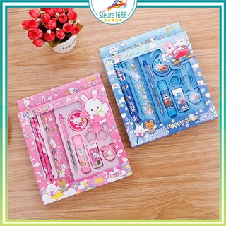 Bộ dụng cụ học sinh gồm 2 bút chì, 1 thước,1 bút bi,1 cục tẩy, 1gọt bút chì,1 kéo, 1 keo đặc,2 kẹp