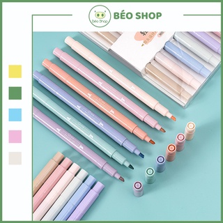 Set 6 bút highlight 2 đầu 12 màu morandi Béo shop , bút ghi chú đánh dấu nhớ dòng dạ quang vỏ pastel marker B07