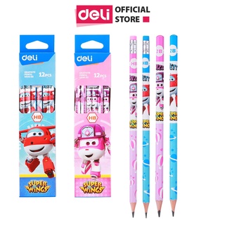 Hộp 12 bút chì 2B Deli - kèm đầu tẩy họa tiết đội bay siêu đẳng Superwings, các nhân vật hoạt hình ngộ nghĩ đáng yêu