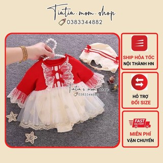 [Giá sỉ sale sốc] Set váy công chúa voan cao cấp đỏ tay ren MOMOIDEA cho bé gái đầy tháng/ thôi nôi (Kèm Mũ)