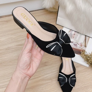 Sẵn hàng Sục nhung nơ vải -gót 3cm mũi nhọn( sục nơ viền trắng)