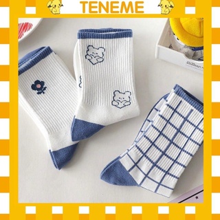 Tất nữ Teneme vớ cao cổ hình gấu caro xanh phong cách hàn quốc TN132