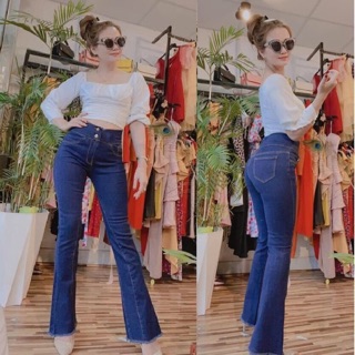 Quần Jeans Nữ, Quần Bò Nữ Ống Loe Dài Lưng Cao 2 Nút