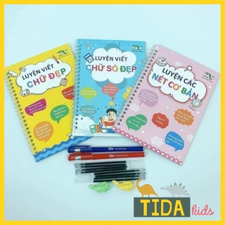 Bộ 3 Vở Tập Viết Nét Lõm ⚡️ TỰ XÓA ⚡️ Kèm Bút Tự Bay Màu Cho Bé Luyện Dễ Dàng (2 Bút + 8 Ngòi + 2 Định Vị Cầm Bút)