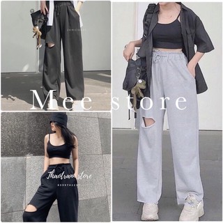 Quần ống rộng nữ Meestore - Nỉ dáng rộng cạp chun rách gối lai tưa Unisex