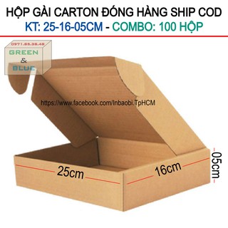 100 Hộp gài 25x16x5 cm, Hộp Carton 3 lớp đóng hàng chuẩn Ship COD (Green &amp; Blue Box, Thùng giấy - Hộp giấy giá rẻ)