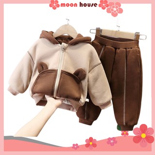 Bộ Dài Tay Thu Đông Tai Gấu Cho Bé, Bộ Quần Áo Nỉ Bông Cho Bé Trai Và Bé Gái Từ 6-27kg-Moon House