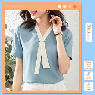 Áo sơ mi ngắn tay Xuu Design, Áo kiểu nữ cổ vạt chất vải đẹp, hàng thiết kế chất lượng cao -SP03
